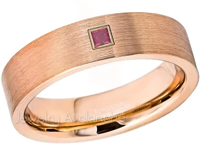 Anillo de boda de tungsteno de oro rosa de 0,05 quilates con rubí corte princesa, 6 mm #786 Foto 1 de 2