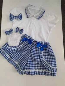 NIÑAS UNIFORME ESCOLAR GINGHAM 2-14 AÑOS PANTALONES CORTOS POLO CALCETINES LAZO AZUL REAL - Imagen 1 de 1