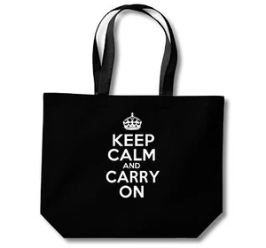 Keep Calm and Carry On Shopping Bag (Black, White, Natural) - Picture 1 of 8