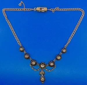 Viktorianische Halskette 18 Karat Gelbgold Emaille Rosenschliff Diamant und Silber Blume - Bild 1 von 5