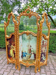1990's French Louis XVI-Style Screen/ Room Divider in Gold With Scenery