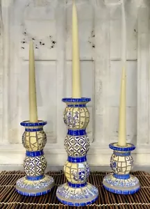 Mosaic Tile Italian Style Candlestick Holders Pedestal Blue White Yellow (three) - Picture 1 of 11