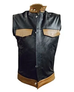 Chaleco chaleco de motocicleta sin mangas de cuero negro y marrón resistente para hombre - Imagen 1 de 4