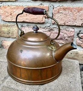 Vintage Kupfer und Messing Revere Ware Teekessel Holzgriff Doppelkreis - Bild 1 von 18