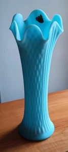 Vintage MCM 13" Fenton Blue Satin Diamond Ribbed Swung Vase - Picture 1 of 4