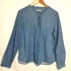 R M Williams Ladies Size 12 Long Sleeve Shirt Blue Chambray Ruffle No Collar - Picture 1 of 16
