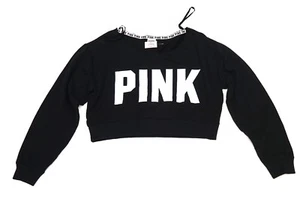 New Victoria's Secret PINK Logo Slouchy Cropped Pullover Sweater Black S - L - Picture 1 of 1