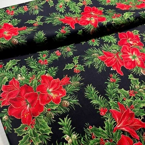 Christmas Lily Fabric Amaryllis Pine Holly Joan Messmore VIP Cotton BY THE YARD - Picture 1 of 10