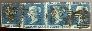 GB QV 1841 ZWEI PFENNIG BLAU 2d VIERERSTREIFEN "LI-LL" OBERSEITENRAND IN SELTEN GESCHNITTEN - Bild 1 von 2