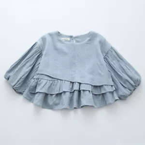 Camicia blusa cotone con volant manica lunga a campana US Stock bambina bianco blu - Foto 1 di 11