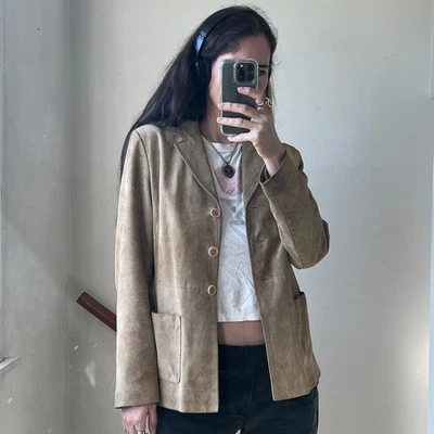 Vintage Y2K Tan Suede Leather Blazer Jacket Boho Chic Size Medium - Image 1 of 4