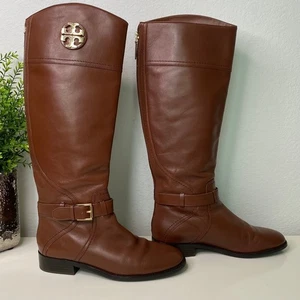 Tory Burch Adeline Almond Leather Gold Logo Buckle Knee High Riding Boots Size 8 - Picture 1 of 13