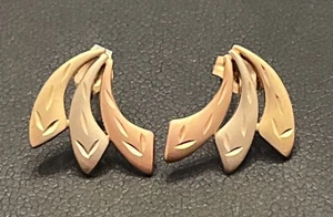 Vintage 1980s JCM 14K Muti Toned Gold Diamond Etched Modernist Fan Stud Earrings - Picture 1 of 12