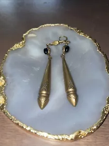 Victorian Bronze Black Onyx Cabochon Dangle Drop Earrings Circa 1920 - Picture 1 of 5
