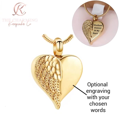 Золотой пепел крыло ангела урна ожерелье самозаполнения гравировка - персонализированный мемориал - Изображение 1 из 4