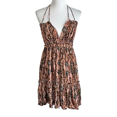 Olivaceous Womens Backless Halter Printed Mini Dress Sz Small Raw Trim Strappy - Image 1 of 4