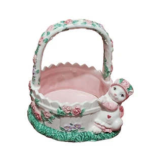Cesta de dulces coleccionable de cerámica de colección 1992 primavera con conejito rubbit 7" H x 5" D - Imagen 1 de 11