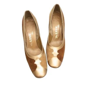 Vintage Suede Pumps 2 Tone Metallic Brown Beige DeLiso Sz 9N 1970S Low - Picture 1 of 6