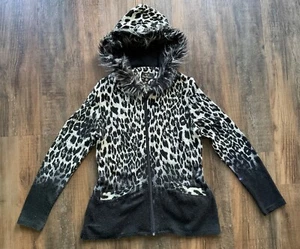 ICE Women's Fluffy Fur Hooded Snow Leopard Animal Print Zip Jacket Size 10 - Picture 1 of 4