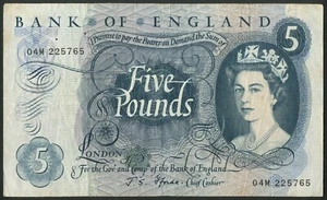 Banco de Inglaterra, J.S. Fforde, 5 libras, [1967], repuesto, serie 04M, fino - Imagen 1 de 2