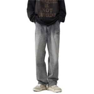 Men's Denim Pants Straight Leg Trousers Teenager Jeans with Zipper Fly Mid Waist - Picture 1 of 20