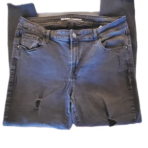 Old Navy Women's Distressed Rockstar Skinny Jeans Solid Black Frayed Hem Size 16 - Picture 1 of 12