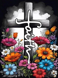 Ekuxom Cross Diamond Art Kits for Adults, Flowers Religious Diamond Art Painting - Picture 1 of 4