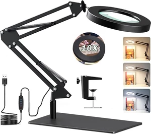 Magnifying Glass with Light and Stand,10X Magnifying LED Desk Lamp with Base & C - Picture 1 of 12