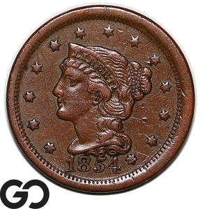 1854 Large Cent, Braided Hair - Picture 1 of 3