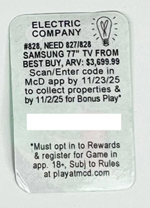 2025 McDonald’s Monopoly ELECTRIC COMPANY #828 Spielfigur unbenutzt uneingelöst Code - Bild 1 von 1