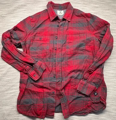 Camisa con botones Sperry para hombre roja carbón bolsillos a cuadros manga larga franela talla M Foto 1 de 4