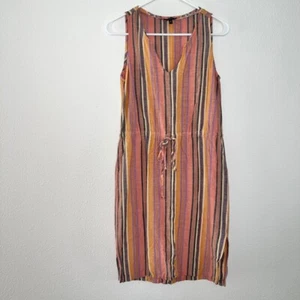 Drew Linen Blend Striped Cinched Waist V Neck Shift Dress Size Small - Picture 1 of 6