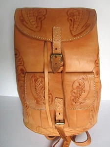 Light Tan Floral Carving Real 100% Leather Backpack - Preowned - Picture 1 of 11