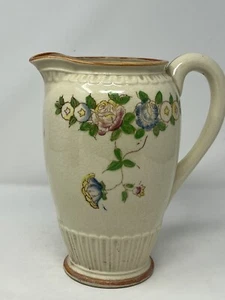 vintage floral pitcher 8” tall cream color handle orange rim top/bottom rare - Picture 1 of 12
