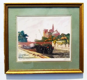 Rare Vtg 1950s Framed Marcel Harang France Notre Dame Cathedral Color Lithograph - Picture 1 of 11