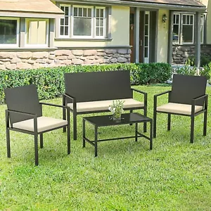 Outdoor 4 Teilig Set Polyrattan Sitzgruppe Gartenmöbelset Garnitur Tisch Sessel - Bild 1 von 6
