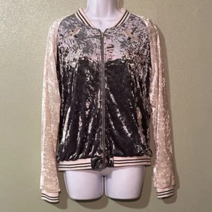 She + Sky bestickte Blumen Kolibri Crushed Samt grau creme Jacke M - Bild 1 von 5