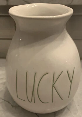Rae Dunn LUCKY Small Ceramic Vase W/Green Shamrock St Patrick's Double Sided LL - Image 1 of 4