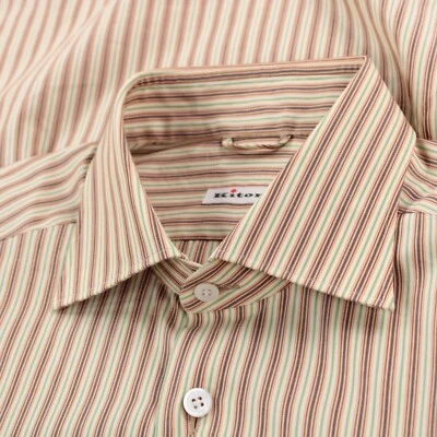 Kiton NWT Dress Shirt Size 15.75 40 Orange Cream & Green Striped 100% Cotton - Image 1 of 4