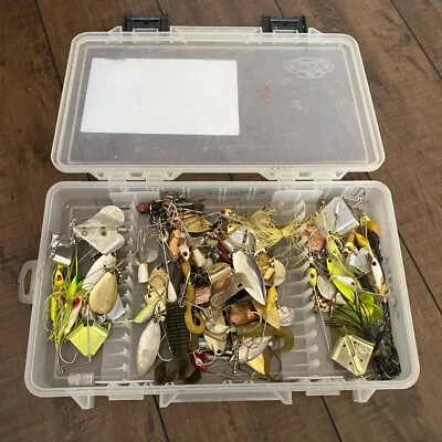 Plano Tackle Box & Mixed Lot Fishing Tackle Spinners Lures Jigs Feather Spoons - Image 1 of 4