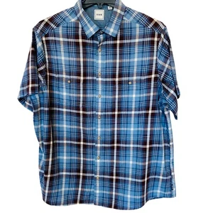 ROWM Mens 2XT Button Up Shirt Plaid Blue Short Sleeves Pockets Cotton Collard - Picture 1 of 8