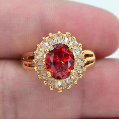 18K Yellow Gold Filled Women Fashion Oval Red Mystic Topaz Wedding Ring Jewelry - Image 1 of 4