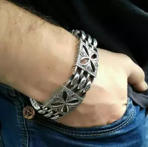 Solid 935 Argentium Silver Round Cut Red Ruby Men's Fabulous Excellent Bracelet - Picture 1 of 5