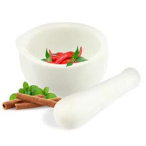 Porzellan Gewürz Kräuter Mörser Küchenmörser mit Stößel weiß 7cm rund kompakt - Bild 1 von 7