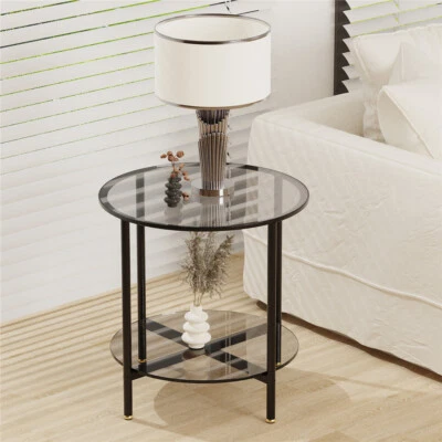 2 Tier Round Sofa Side End Table Tempered Glass Top Snack Coffee Laptop Desk - Image 1 of 4