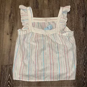 NWT LOFT Sleeveless White Ruffled Shoulders Tonal Ribbon Stripe Medium Petite - Picture 1 of 3