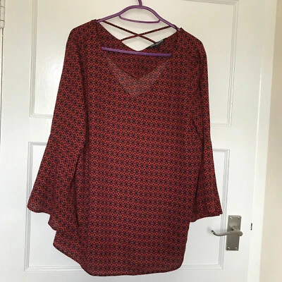 Debenhams Red Blue Geometric Top UK Size 14 Long Bell Sleeve V Neck Blouse - Image 1 of 4