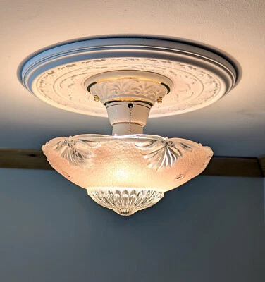 89 Antique Vint 30's 40's Ceiling Light Lamp Fixture Porcelier Shade Chandelier - Image 1 of 4