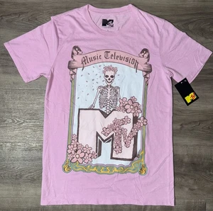 T-shirt MTV rosa grafica taglia S rosa floreale teschio maglietta scheletro - Foto 1 di 6