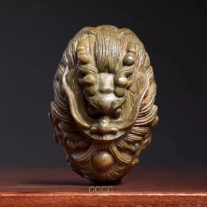 4.5*4.8*6.6cm Hand Carved Green Sandalwood Netsuke: LUCKY DRAGON 祥龙吐珠 - Picture 1 of 4